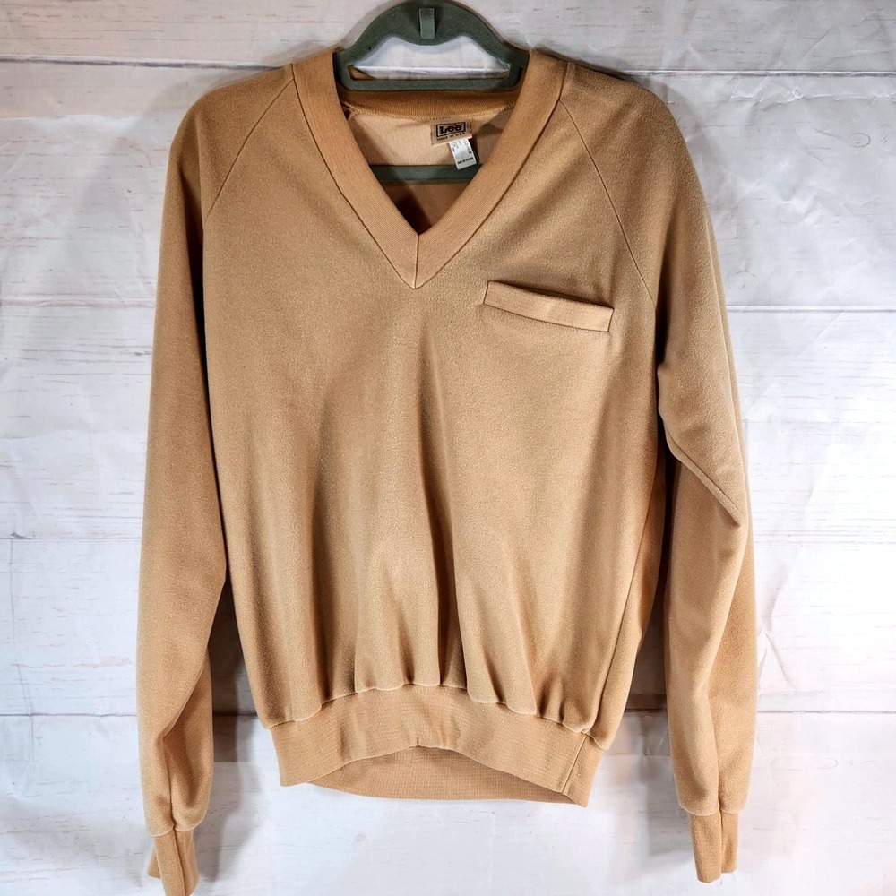 Lee Velour Vneck Pullover Sweater‎ Tan Long Sleeve Casual Mens Medium